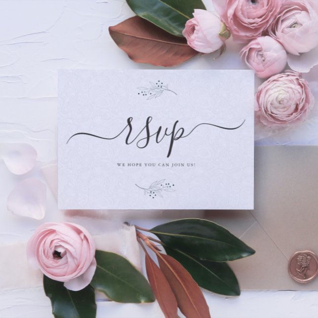 Invitación Negro minimalista sobre Paisley Blanco Plush RSVP (Subido por el creador)