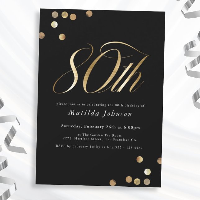 Invitación Negro minimalista y Oro 80 cumpleaños (Mockup View)
