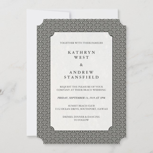 Invitación Negro mínimo + blanco Boda de pequeñas olas japone (Anverso)