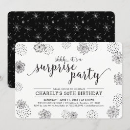 Invitación Negro | Modern Floral Surprise 50th Birthday Party