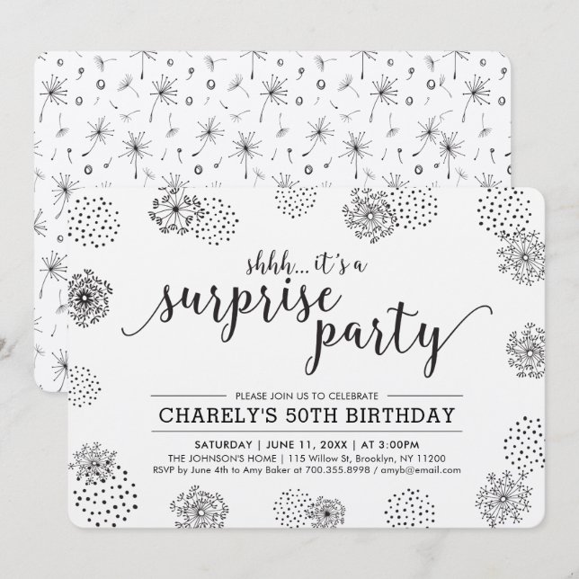 Invitación Negro | Modern Floral Surprise 50th Birthday Party (Anverso / Reverso)