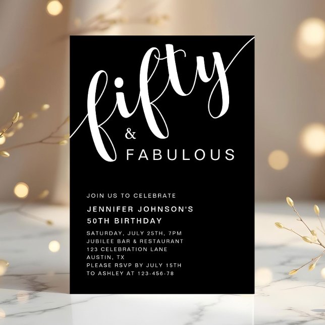 Invitación Negro moderno 50 y fabuloso cumpleaños 50 (Modern Black 50 And Fabulous 50th Birthday Invitation)