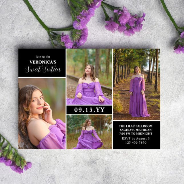 Invitación Negro Moderno Collage de fotos mínimo dulce diecis (Subido por el creador)