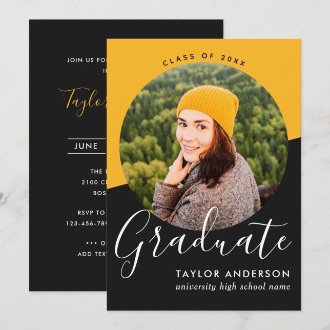 Invitación Negro moderno - Foto de la fiesta de graduación (Anverso / Reverso)
