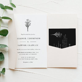 Invitación Negro Moderno Minimalista Boda de Bouquet Floral