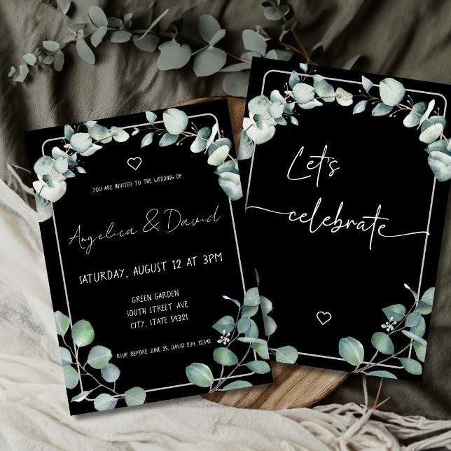 Invitación Negro Moderno minimalista verde Eucalyptus Boda (Subido por el creador)