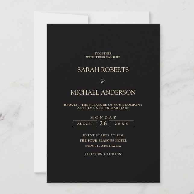 Invitación Negro Moderno Mínimo Sencillo Boda de guiones dora (Anverso)