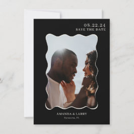 Invitación Negro Moderno Ondulado Foto de Boda Guardar la Fec