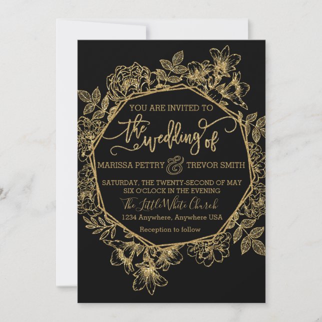 Invitación Negro moderno y boda floral del Relieve metalizado (Anverso)