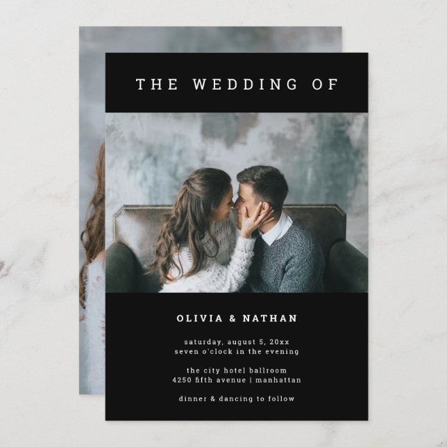 Invitación Negro moderno y mínimo | Dos Bodas fotográficos (Anverso / Reverso)