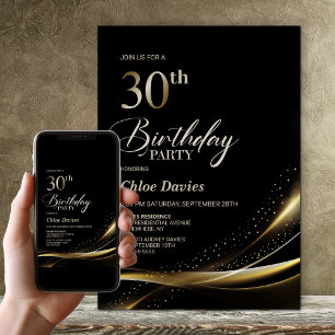 Invitación Negro moderno y oro 30 Fiesta de cumpleaños