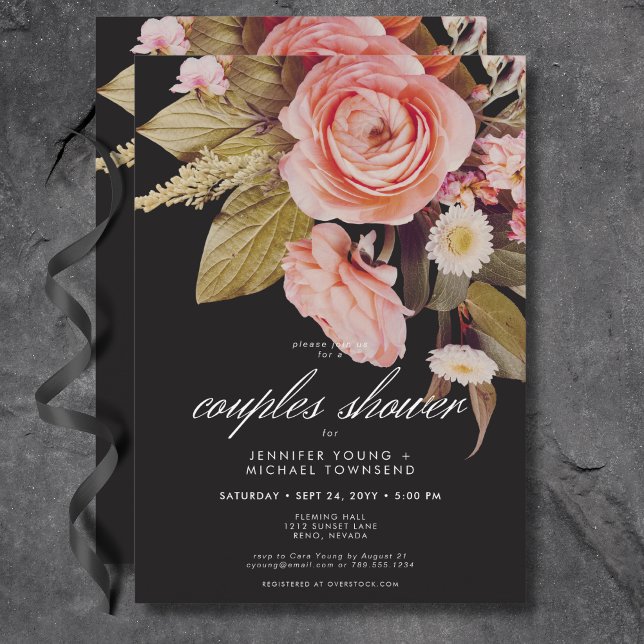 Invitación Negro Moody Rosa Rubor Blooms Ducha Parejas (Black Moody Pink Blush Blooms Couples Shower Invitation)