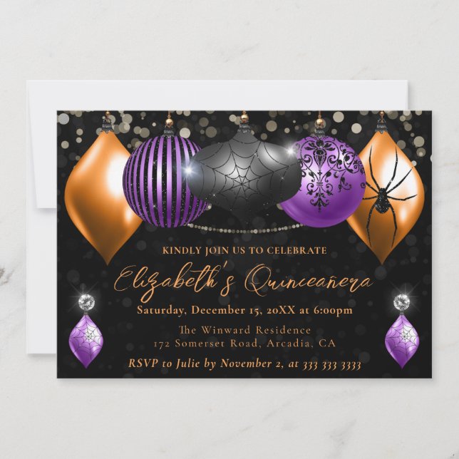 Invitación Negro morado, Naranja Halloween Baubles Quinceaner (Anverso)