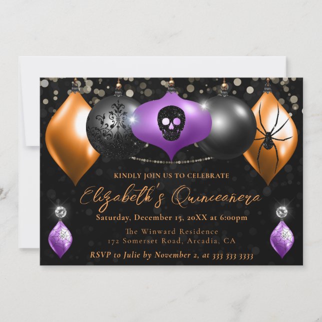 Invitación Negro morado, Naranja Halloween Baubles Quinceaner (Anverso)