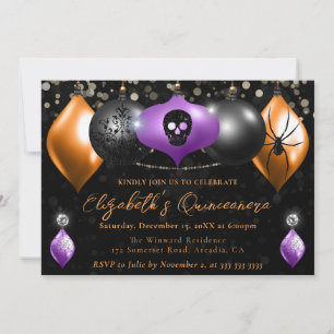 Invitación Negro morado, Naranja Halloween Baubles Quinceaner
