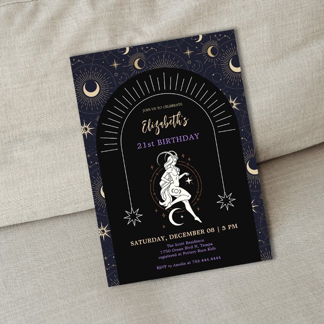 Invitación Negro Mystic Capricornus Zodiac 21º cumpleaños (Black Mystic Capricornus Zodiac 21st Birthday Invitation)