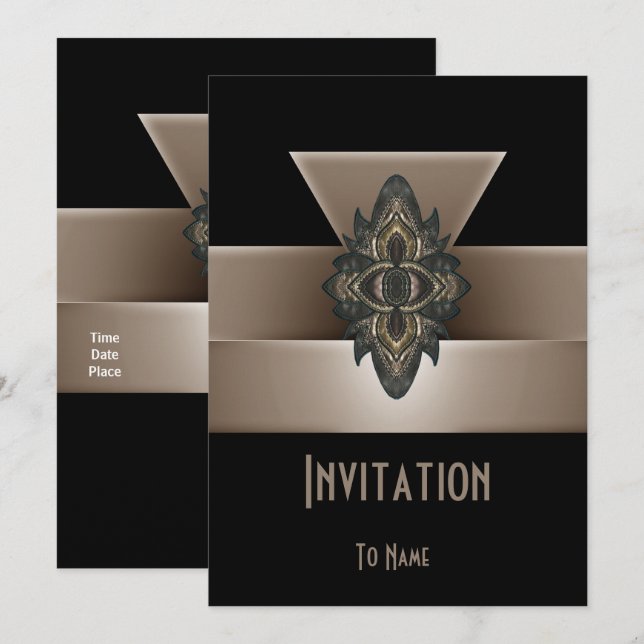 Invitación Negro Oro Biege Art Deco 5" x 7" (Anverso / Reverso)