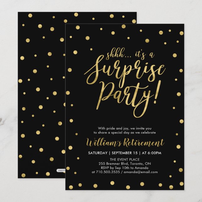 Invitación Negro & Oro | Fiesta de Jubilación Sorpresa Modern (Anverso / Reverso)
