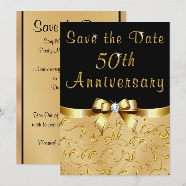 Invitación Negro, oro salva la fecha 50 aniversario de Boda (Anverso / Reverso)