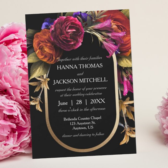 Invitación Negro Oscuro Moody Elegante Boda de otoño floral (Subido por el creador)