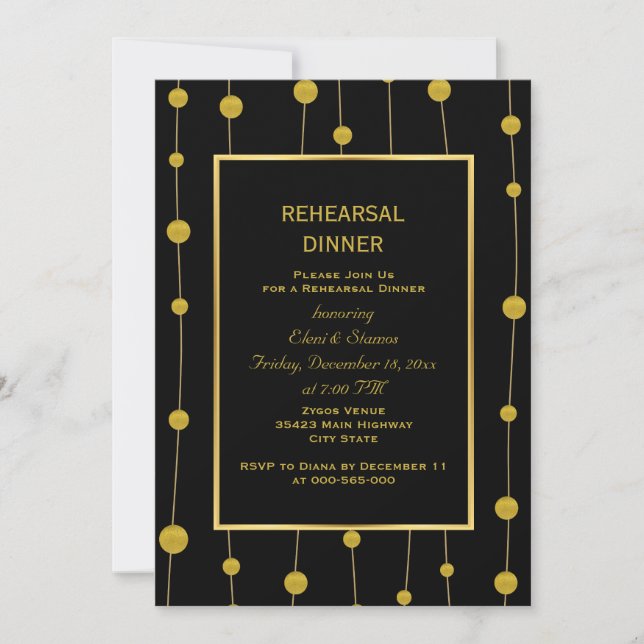 Invitación Negro, perlas de Relieve metalizado dorado boda en (Anverso)