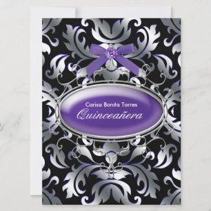 Invitación Negro plata púrpura damasco púrpura Quinceañera