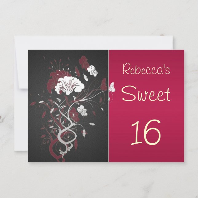 Invitación Negro, rojo, blanco, floral, mariposa dulce 16 (Anverso)