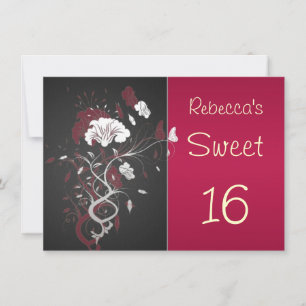 Invitación Negro, rojo, blanco, floral, mariposa dulce 16