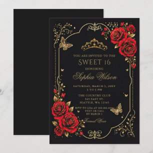 Invitación Negro Rojo Dorado Floral Mariposa Dulces 16
