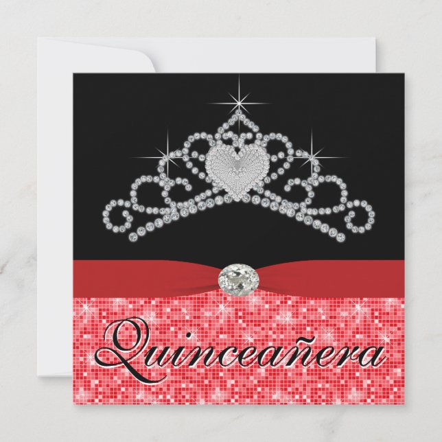 Invitación Negro Rojo Tiara Negro Rojo Quinceanera (Anverso)