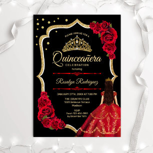 Invitación Negro Rojo Vestido de Oro Quinceanera