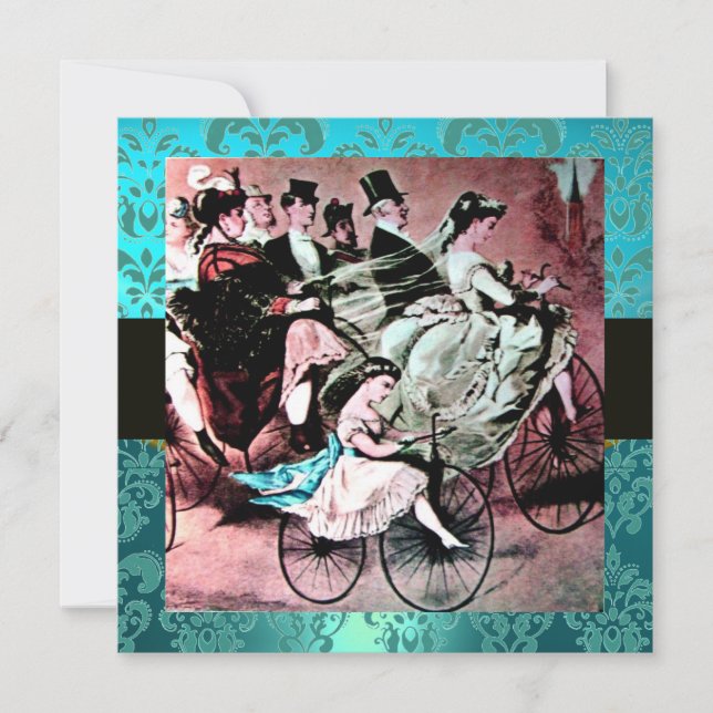 INVITACIÓN NEGRO ROSA AZUL BICICLETA BODA DAMASCO MONOGRAMA (Anverso)