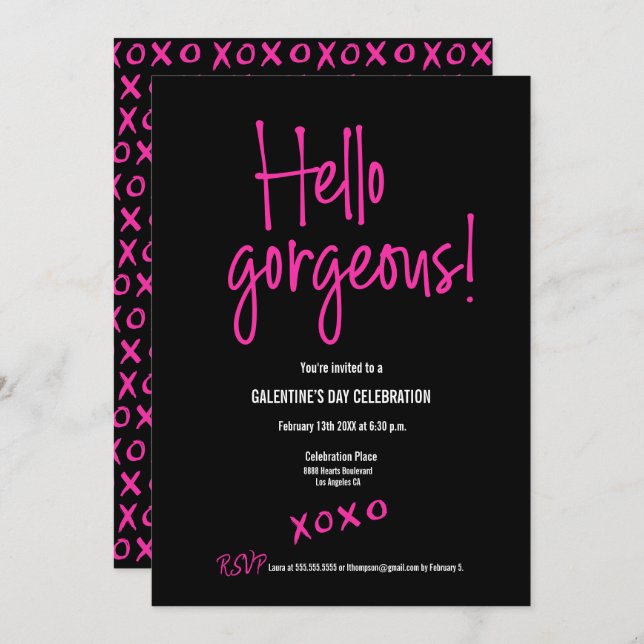 Invitación Negro rosa caliente Hola magnífico Galentine's Day (Anverso / Reverso)