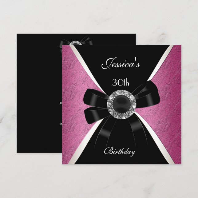 Invitación negro rosa cumpleaños 30 blanco 2 (Anverso / Reverso)