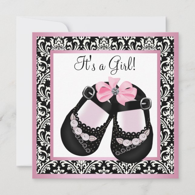 Invitación Negro rosa Damask Shoes Baby Girl Shower (Anverso)