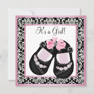Invitación Negro rosa Damask Shoes Baby Girl Shower