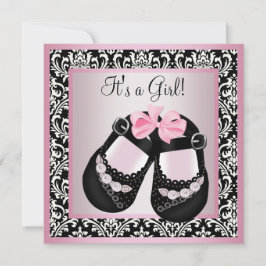 Invitación Negro rosa Damask Shoes Baby Girl Shower