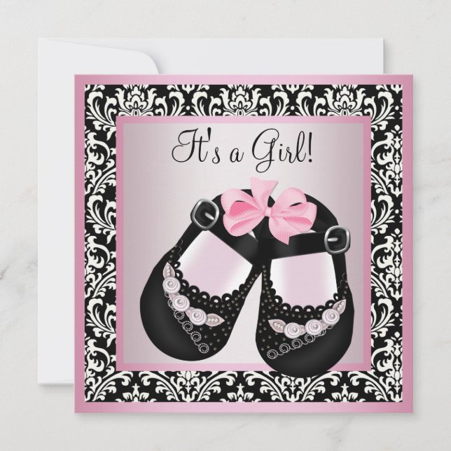 Invitación Negro rosa Damask Shoes Baby Girl Shower (Anverso)