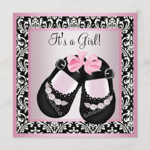 Invitación Negro rosa Damask Shoes Baby Girl Shower