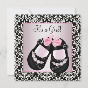 Invitación Negro rosa Damask Shoes Baby Girl Shower