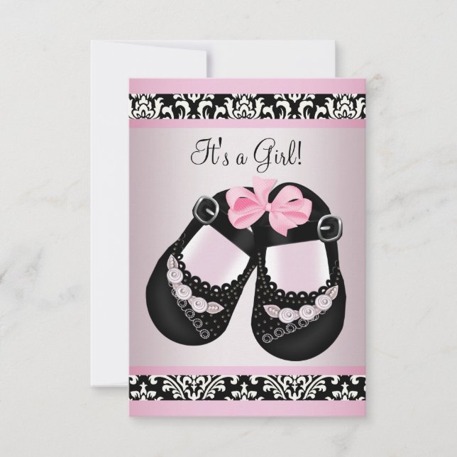 Invitación Negro rosa Damask Shoes Baby Girl Shower RSVP (Anverso)