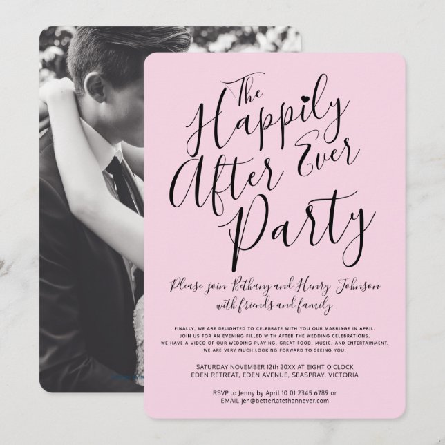 Invitación Negro rosa felizmente después de la fiesta de boda (Anverso / Reverso)