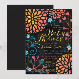 Invitación Negro Rosa y Dorado Fiesta de Bebé Floral Colorida