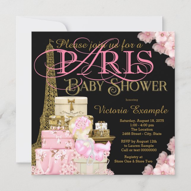 Invitación Negro rosa y oro París Chica de lona Baby Shower (Anverso)