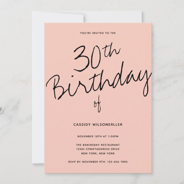 Invitación Negro rosado minimalista 30 cumpleaños (Anverso)