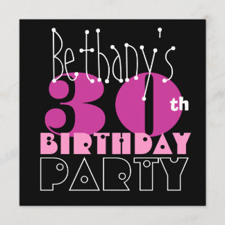 Invitación Negro rosado S411 del trigésimo cumpleaños moderno