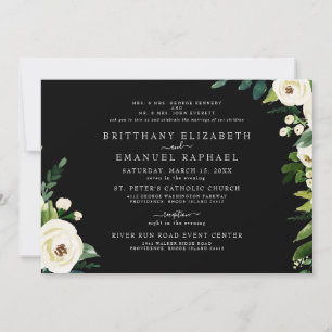 Invitación Negro simple ambos padres Boda floral blanco