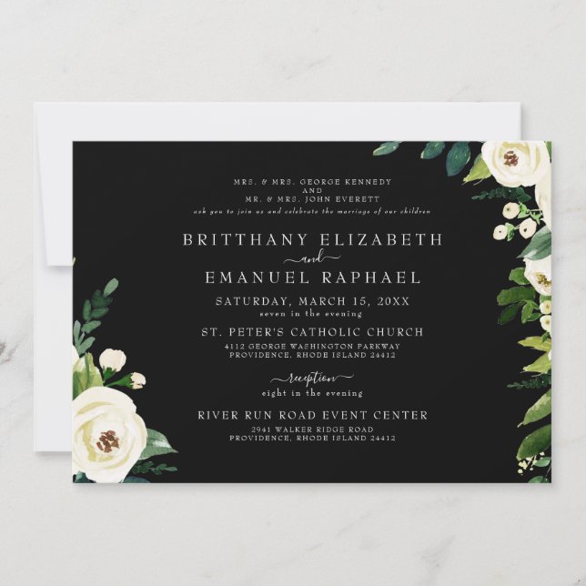 Invitación Negro simple ambos padres Boda floral blanco (Anverso)