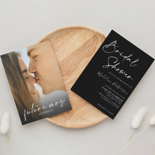 Invitación Negro simple moderno con ducha de fotos de novia