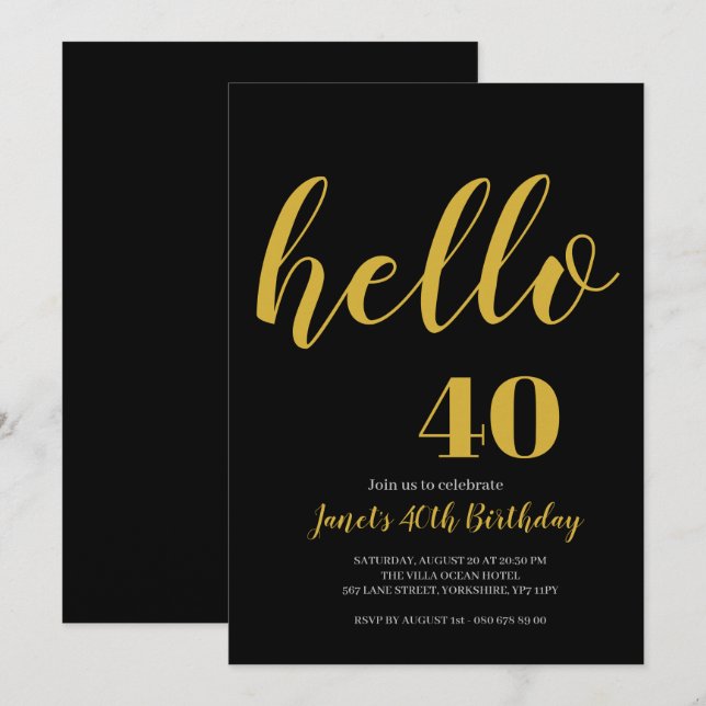 Invitación Negro simple y oro Hola 40 cumpleaños 50 (Anverso / Reverso)
